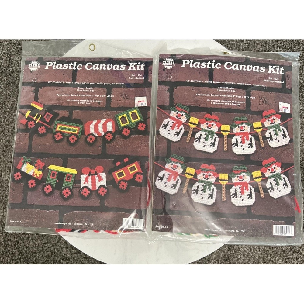 Vtg Needlepoint Plastic Canvas Kits Christmas Garland Wall Hanging Train Snowmen